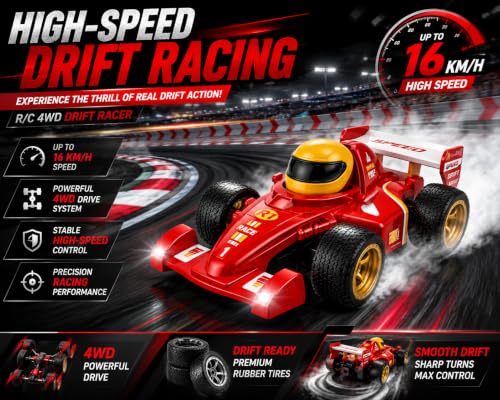 Image of RC Formula Drift Car for Kids, 2.4GHz 4WD Remote Control Racing Car, 16KM /H High Speed Drift Vehicle with Replaceable Tires, 360 Steering, Racing Toy Gift for Boys & Girls (Multicolor)