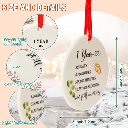 Image of First Wedding Anniversary Ornament 2024 - Handcrafted Round Ceramic Mr. & Mrs. Keepsake - Romantic 1 Year Married Ornament for Couples - First Christmas Married Gift - 2024 Holiday Home Decor