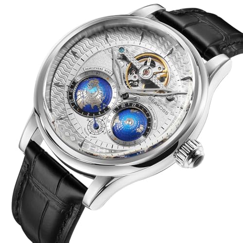 Image of SEAKOSS Watches for Men Automatic Mechanical Luxury Flywheel Watch 3D Double Globe Stainless Steel Case Men Wrist Watch