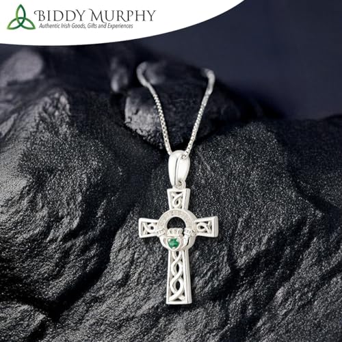 Biddy Murphy Claddagh Celtic Cross Necklace for Women, 925 Sterling Silver, Traditional Emerald Green CZ Cubic Zirconia, Imported from Ireland, 3/4" W x 1 1/8" H2