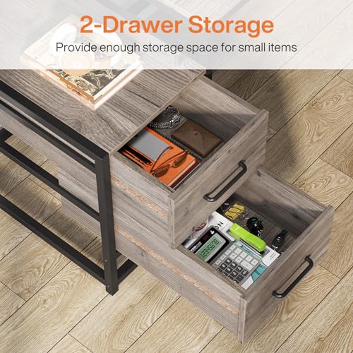 Image of Tribesigns 55 Inch Computer Desk with 2 Drawers and Storage Shelves, Rustic Office Desk with Hutch, Study Writing Gaming Table Laptop Workstation for Home Office (Grey)