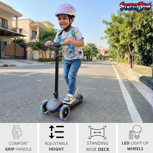 Image of STREETJAM Zoltra LED Wheel Kids Kick Scooter 3-12 Years, LED Light Wheels, BIS Approved, Lean-to-Steer Control, Extra Wide Deck, Vibrant Two-Tone Design, Up to 50 kg Load (Grey with Black)