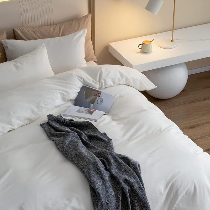Gezu Biancheria da letto 135 x 200 cm, in cotone bianco crema, 2 pezzi, con certificazione Oeko-TEX®, morbida, copripiumino da 135 x 200 cm e federe da 80 x 80 cm, con chiusura lampo