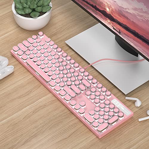 Magegee Typewriter Mechanical Gaming Keyboard, Retro Punk Round Keycap Led White Backlit Usb Wired Keyboards For Game And Office, For Windows Laptop Pc Mac - Blue Switches/Pink #TOP4