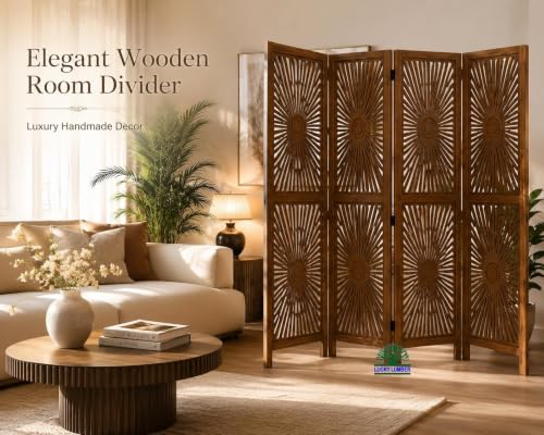 Image of Wooden Room Divider Partition for Living Room | Foldable 4 Panel Decorative Privacy Screen Separator for Home, Office & Bedroom | Modern Natural Brown