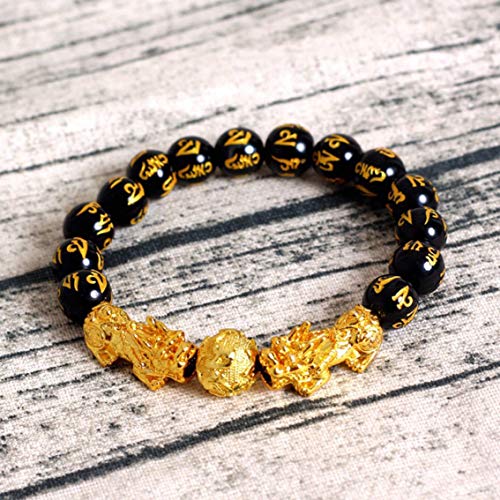 Panamami Fashionable Natural Stone Black Obsidian Pixiu Bracelet Pixiu Lucky Brave Troops Charms Jewelry for Women & Men - Gold & Black