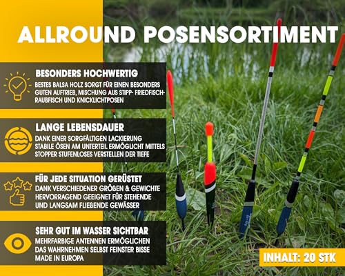 Foto von Angel-Berger Allround Posensortiment 20 teilig Posenset Knicklichtposen Raubfischposen Stippposen Friedfischposen Schwimmer Angeln