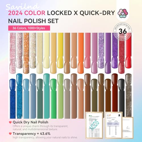 Image of SAVILAND 36 Colors Nail Polish Set Quick Dry: Brown Black Glitter Locked X Tech Regular Pastel Nail Polish Kit Fingernail Polish with Top Base Polish Coat 39 Pcs Home Salon Travel Set