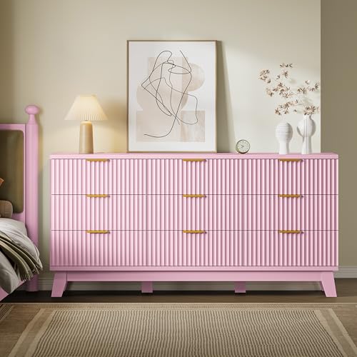 Image of BORNOON Fluted 9 Drawer Dresser, 57.1 inch Wide Modern Boho Chest of Drawers, Wooden Storage Dresser TV Stand for Bedroom, Living Room, Closet, Hallway, Curved Profile Design