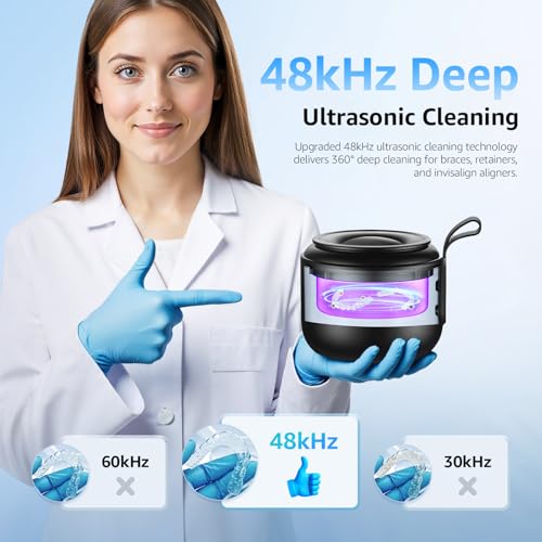 Image of Ultrasonic Retainer Cleaner Machine: 48kHz Rechargeable Cordless Denture Cleaner - Waterproof Ultrasonic Jewelry Cleaner - 200ML Dental Cleaning Pod for Mouth Guard, Aligner