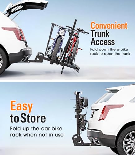 EBike Rack with Ramp for Tow Hitch with 300lbs Load Capacity, Car Bike Rack for Electric Mopeds, Fat Tire Mountain Bicycles, E Bike Carrier Raks for 2 Bikes, Fits SUV, Truck, RV, Van