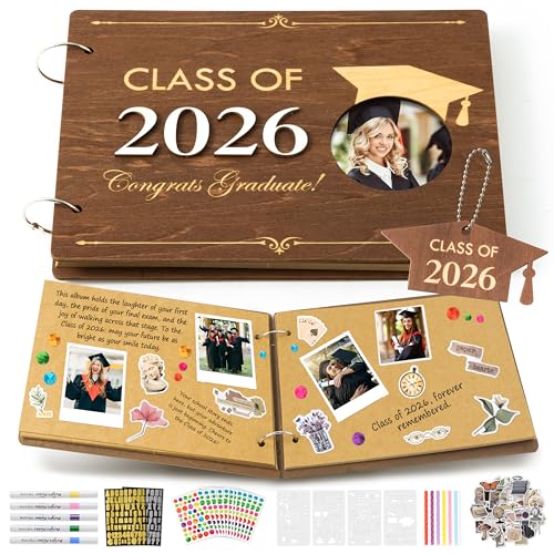 CY2SIDE Class of 2026 Photo Album Scrapbook - 30 Page Class 2026 Wooden Graduation Scrapbook Craft Kit School Day Memory Book DIY Graduation Handmade Scrapbook Souvenir Gift for Grad Heartfelt Present