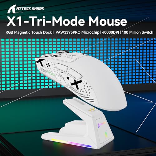 Image of MAMBASNAKE ATTACK SHARK X1 Wireless Gaming Mouse with RGB Charging Dock,PAW3395 PRO Sensor 40K DPI,1KHz Polling Rate 53g Superlight Tri-Mode Computer Mice,5 Programmable Buttons for WIN /MAC-White&Tape