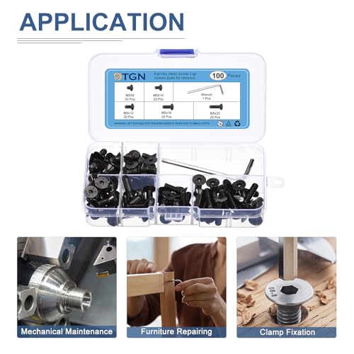 Image of DTGN 100Pcs M5 x 8mm /10mm /12mm /16mm /20mm Flat Head Hex Socket Cap Screws Bolts Kit with Wrench, Carbon Steel Black Oxide, Full Thread, Countersunk Bolts