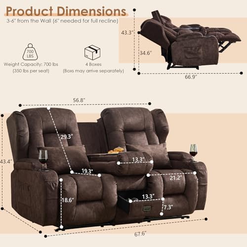 Image of SAMERY 67.6 inch Loveseat Recliner Sofa | Double Recliner Sofa & Console | Wall Hugger Loveseat Reclining RV Theater Seats | RV Couch Home Theater Seating Furniture (Velvet Mahogany)