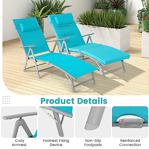 Giantex Folding Chaise Lounge Chair - Outdoor Reclining Chair With Removable Seat Cushion, Headrest Pillow, 9-Level Adjustable Backrest, Patio Sunbathing Chair For Poolside, Backyard (1, Turquoise) #TOP6