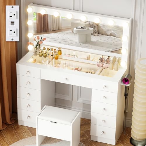 VOWNER Vanity with Lighted Mirror - Makeup Vanity Desk with Glass Top and 11 Drawers, 3 Color Lighting Modes Adjustable Brightness, 46