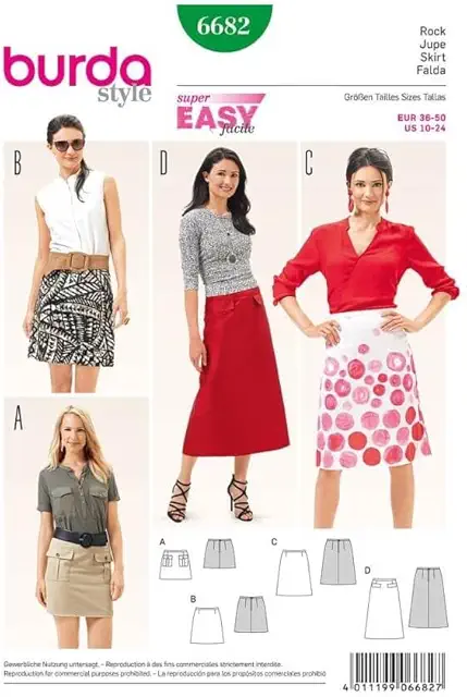 Burda B6682 A-lijn Rok Patroon - Witte Papieren Naaihandleiding