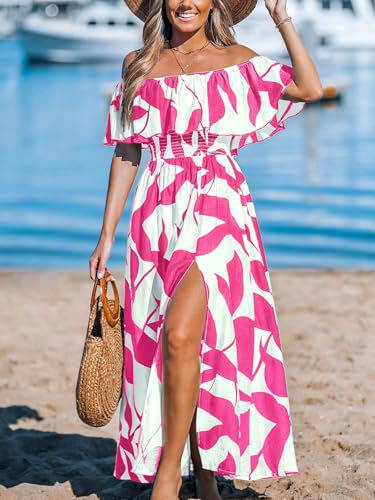 Image of CUPSHE Women Ruffle Floral Maxi Summer Dress Off Shoulder Short Sleeve Backless Flounce Bodice Slit Hem Beach Dresses