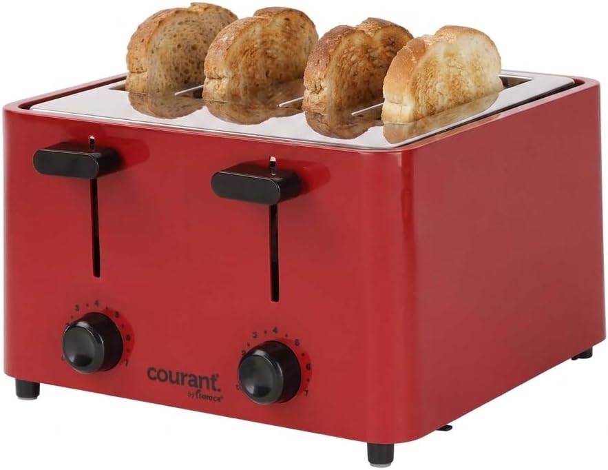 Courant 4 -Slice Toaster Cool Touch with Extra Wide Slots For Bread, Bagels & Waffle with 6 Adjustable Shade Settings, CrumbTray & Cancel Function Extra-Lift Feature, compact Design – Red