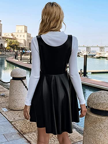 Aosan Women's Dresses Casual Wedding Flare Hem Leather Overall Dress Without Tee Wedding Guest (Color : Black, Size : X-Small) #TOP1