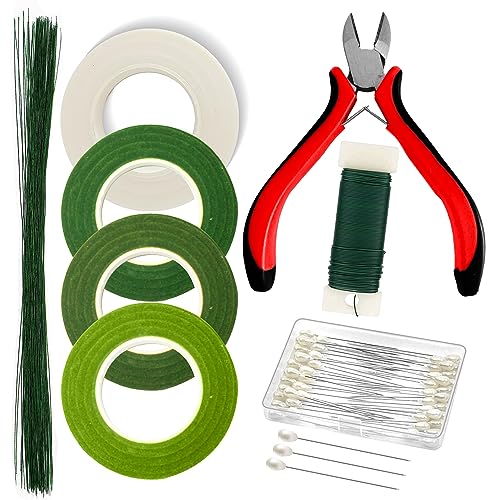Floral Tape Arrangement Kit - 4 Pcs Floral Tape, 22 Gauge Paddle Floral Wire, 26 Gauge Floral Wire Stems & Floral Wire Cutter For Bouquets Banquets, Diy Flower Crafts & Wreath Making Supplies #TOP24