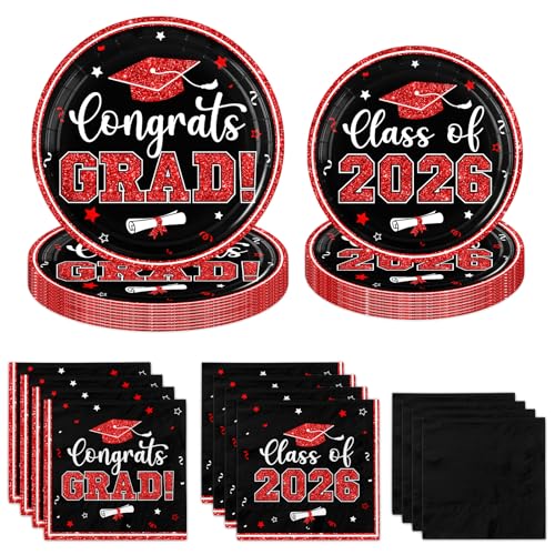 Graduation Plates and Napkins 2026 Red and Black Graduation Decorations 200pcs Graduation Paper Plates and Napkins Graduation Party Supplies for Graduation Party Decorations Serve 50