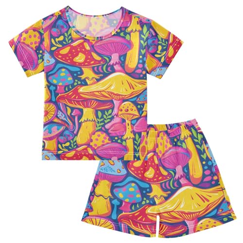 ALAZA Mushroom Colored Leaf Pajamas Short Sleeve 2 Piece Sleepwear Top and Bottom Pajama Set Unisex