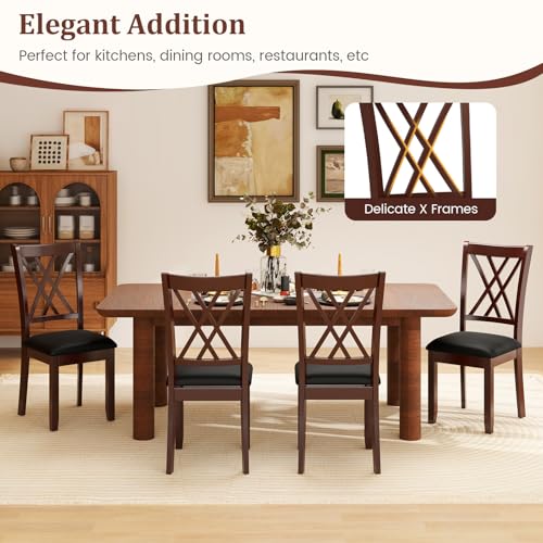Image of COSTWAY Wooden Dining Chairs Set of 4 with PU Leather Padded Seat, Walnut | Farmhouse Armless Kitchen Side Chair with Rubber Wood Frame & High Back for Dining Room, Living Room and Restaurant