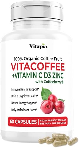 Vitacoffee Píldoras de cafeína – Fruta de café, vitamina C, vitamina D, gluconato de zinc – Energía, memoria, enfoque, antioxidante, soporte para la