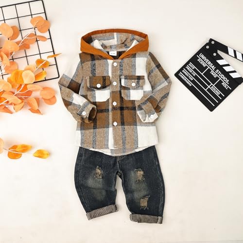 Image of Toddler Baby Boy Fall Winter Clothes Long Sleeve Plaid Hooded Sweatshirt Ripped Holes Jeans Set 1-5 Years Old