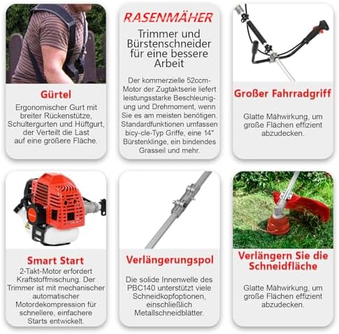 Bild 4 - 52CC Benzin Motorsense – Freischneider mit 2-Takt Motor, Rasentrimmer Benzin mit geradem Schaft & Anti-Vibrationssystem, inklusive Tragegurt & Zubehör für Garten & Landschaftspflege