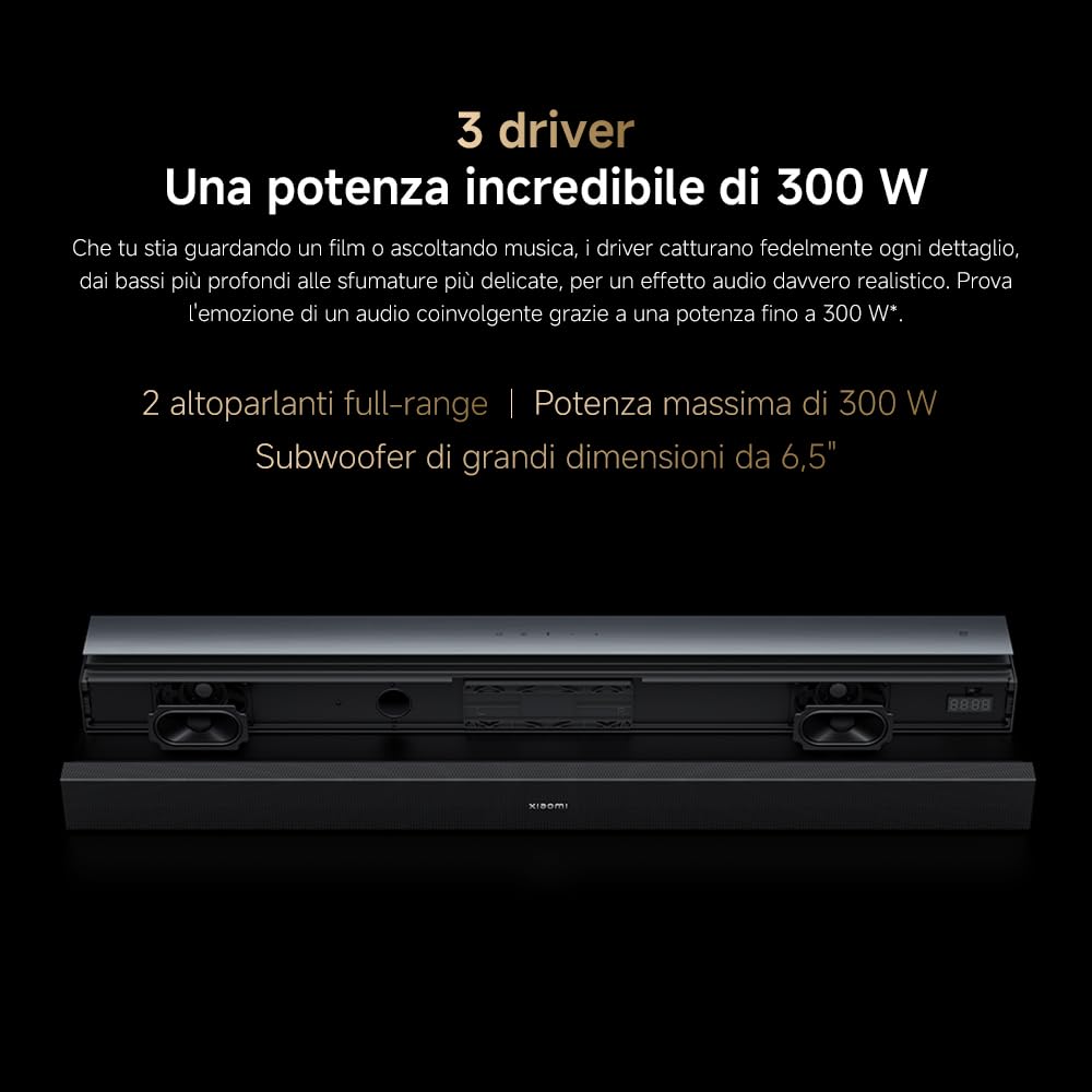 XIAOMI Soundbar Pro 2.1ch, Soundbar TV Max 300W con bassi potenti e subwoofer wireless esterno, supporta Dolby Audio™ e DTS Virtual:X, HDMI ARC/ottico/coassiale/Bluetooth, telecomando
