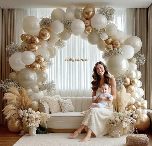 Image of Beige Gold Balloons Double Stuffed Sand White Balloon Garland Pearl White Cream Metallic Gold Balloon Arch Kit for Birthday Wedding Bridal Anniversary Boho Baby Shower Party Decorations