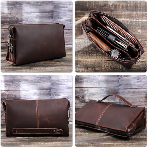 Top Grain Genuine Leather Clutch Wallet Purse for Man & Woman, Handmade Retro Design, Combination Lock & Retractable Strap & Multi Pockets/Slots, Portable RFID for Cards/Checks/Phone/Banknote, Coffee2