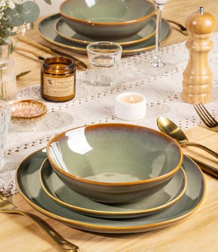 Image of Ceramic Dinnerware Set for 4, 12-Piece Plates and Bowls Set | Handmade Reactive Glaze Dish Set, Scratch Resistant, Oven & Microwave & Dishwasher Safe, Sage Umber