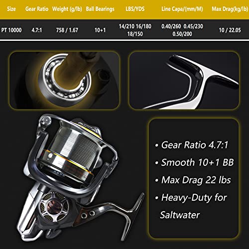 Image of Fishdrops Spinning Fishing Reels, 10+1BB Light Weight Surf Reel, 39.5 LBs Max Drag, Ultra Smooth Powerful, Size 10000 is Perfect for Saltwater Freshwater (Size 10000)