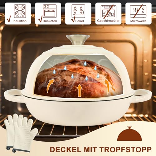 Gusseisen Topf Brot Backen,5,7L Bräter Emaille Schmortopf mit Deckel und Griffen,26 cm Dutch Oven,Brotbacktopf mit Gärkorb,Schmortopf Gusseisen Topf für Küche Backen Schmoren & Braten (Weiß) 2
