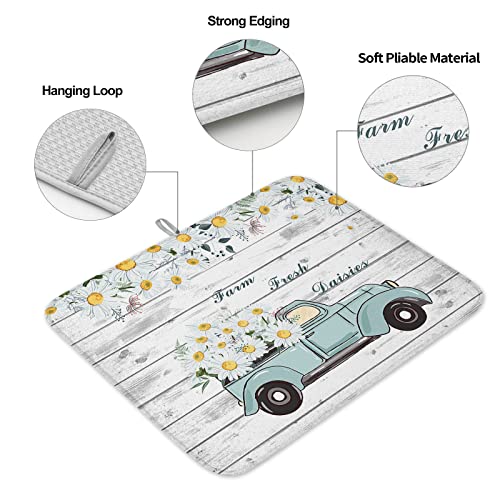 Dish Drying Mat For Kitchen Counter Absorbent Quick Drying Mat, Farm Fresh Daisies Blue Truck Fresh Pastoral Style Retro Wood Board Microfiber Drying Pad Countertop Protector, Easy To Hang- 18 X 24 #TOP1