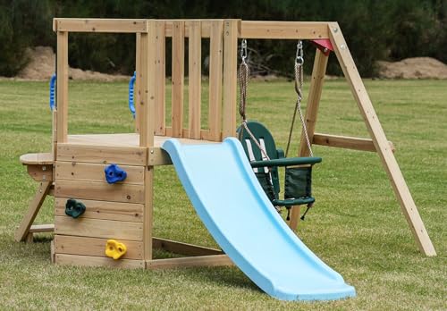 DOLPHIN PLAYGROUND T Kleinkind-Schaukelset mit Schaukel, Tafel, Rutsche, Kletterwand und Gartentisch, Spielgerät aus Zedernholz für Kinder von 18 Monaten bis 4 Jahren