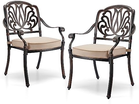 Patio Dining Chairs Set of 2, Elizabeth Outdoor Cast Aluminum Patio Chairs Weather Resistant with Thicker Cushions for Patio Deck Garden