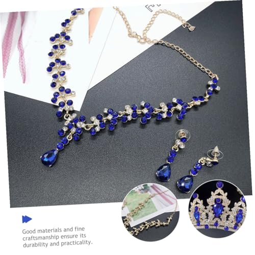 Tiara de novia dorada con pedrería azul y conjunto de collar elegante POPETPOP 5