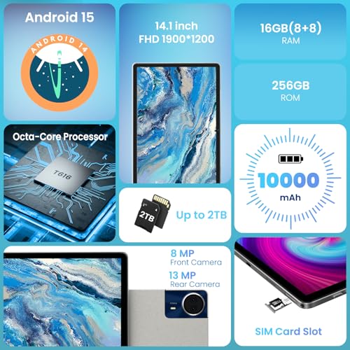 14 Inch Tablet,Android 15 Tablet,1200x1920 FHD Large Screen,16GB RAM+256GB ROM,Octa-Core Gaming Tablets,10000mAh,Large Tablets with Widevine L1,with Stand Case & Stylus,18W PD Charger,4G LTE - Image 3