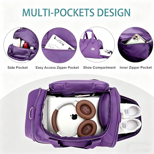 Image of Gym Bag for Men & Women - 30L Duffel Bag with Shoe Compartment, Weekender Water Resistant Duffle Bag for Travel, Sports, Fitness & Workouts, Purple
