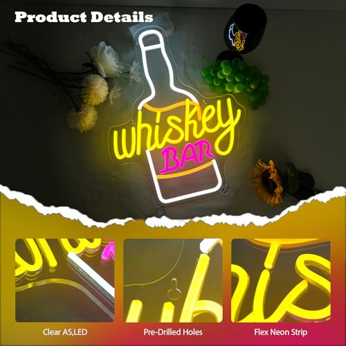 Image of Whiskey Bar Neon Sign for Wine Decor Neon Beer Signs for Party Decor LED Wine Bottle Light Up Bar Pub Lounge Man Cave Wall Art Alcohol Gifts for Beer Lover Bartender