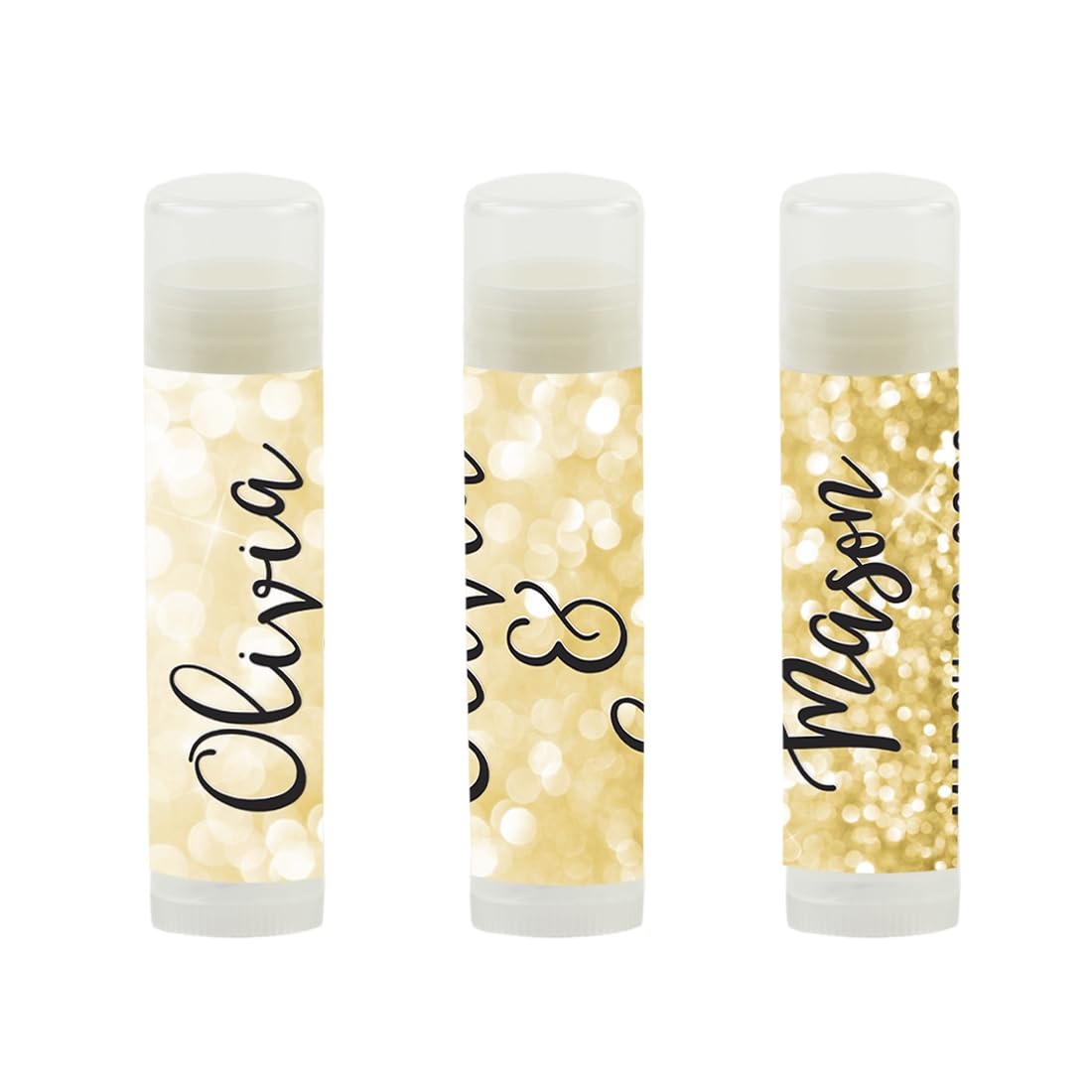 Andaz Press Personalized Bridal Shower Bachelorette Party Lip Balm Party Favors, Faux Gold Glitter Shimmer, Bride's Name and Date, 12-Pack, Custom