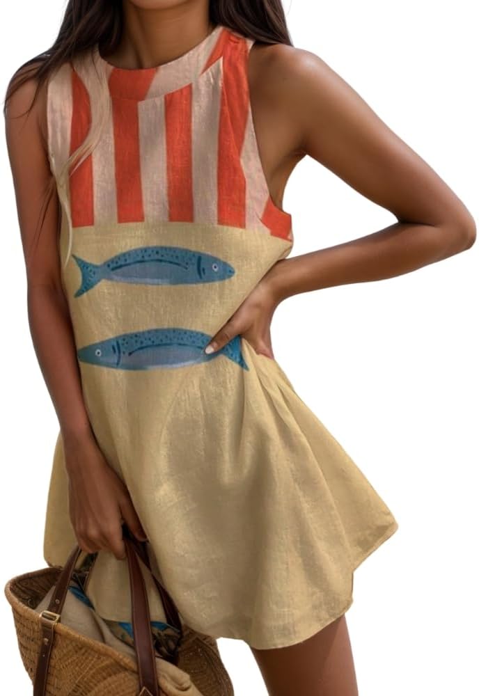 Women's Summer Ocean Animal Print Cotton Linen Mini Tank Dress Casual Loose Sleeveless Beach Vacation Sundresses for Women