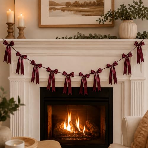 Pre-Strung Satin Bows Garland, 10 Pcs Ribbon Bow Decorations, Burgundy