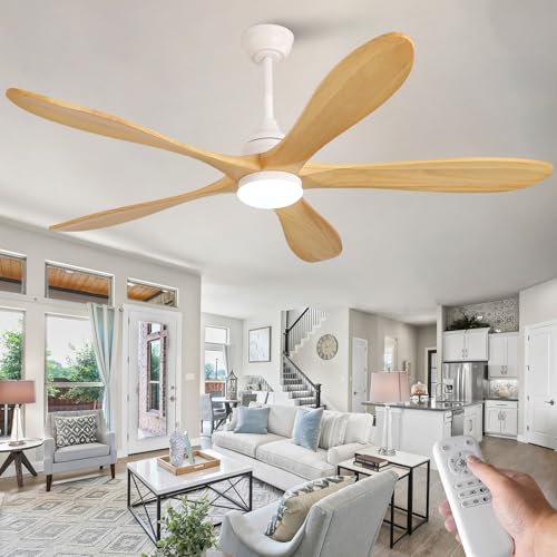 Image of OKDNEG 60 Inch Ceiling Fans with Lights and Remote, 5 Wood Fan Blades Ceiling Fan,3CCT Dimmable,Timer,Quiet DC Motor,6 Speed,Indoor Outdoor Ceiling Fan for Offices Farmhouse Gazebo Patio