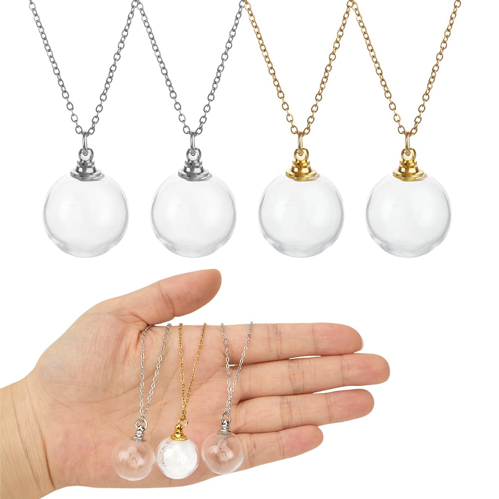 DELORIGIN 4Pcs Pet Ashes Keepsake Necklace Stainless Steel Cat Dog Ashes Jewellery Pets Memorial Glass Pendant Gold Silver Cremation Urn Necklace for Pet Remembrance Sympathy Gift